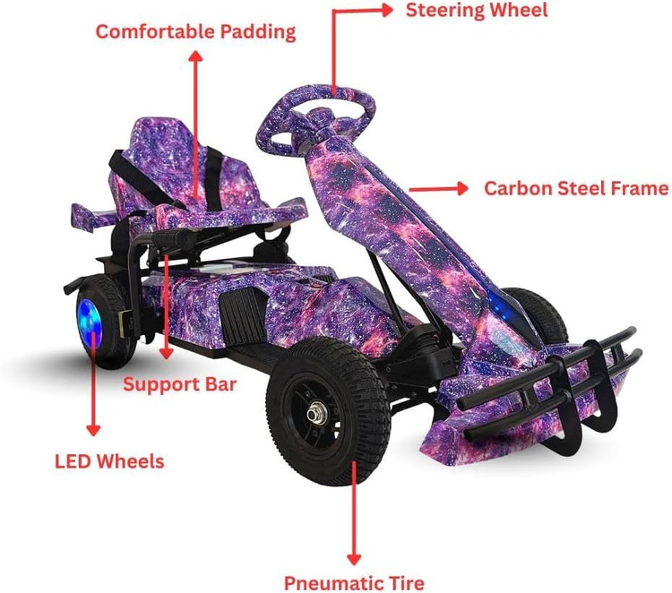 کارتینگ برقی 36 ولت کودکان | طراحی مسابقهای حرفهای با سیستم نورپردازی LED رنگ بنفش کهکشانی