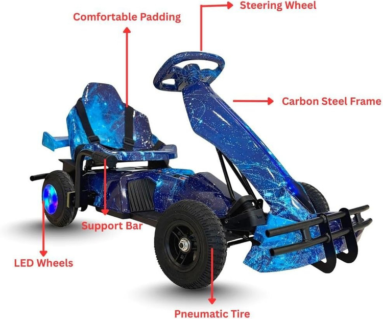 کارتینگ برقی 36 ولت کودکان | طراحی مسابقهای حرفهای با سیستم نورپردازی LED رنگ آبی کهکشانی