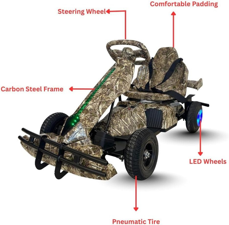 کارتینگ برقی 36 ولت کودکان | طراحی مسابقهای حرفهای با سیستم نورپردازی LED رنگ قهوه ای جنگلی